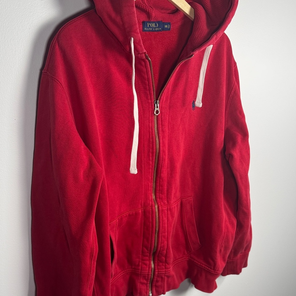Vintage Polo Ralph Lauren Thermal Full Zip Hoodie Mens Waffle Knit Red 90s XXL - Picture 3 of 9